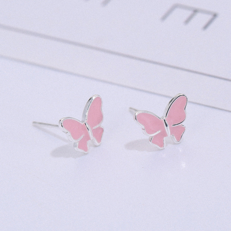 Pink Sterling Silver Butterfly Stud Earrings